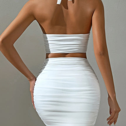 Women White Sexy Halter Neck Sleeveless Backless Two Piece Set Strapless Pleated Slim Bodycon Evening Dresses