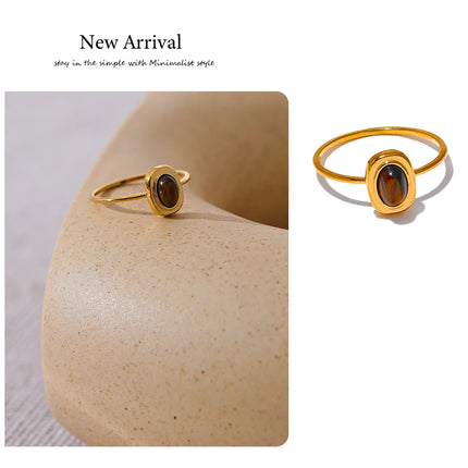 Yhpup Fashion Natural Stone Stainless Steel Oval Thin Chic Ring Women 18K PVD Plated Waterproof Jewelry Accessories 2024 Gift