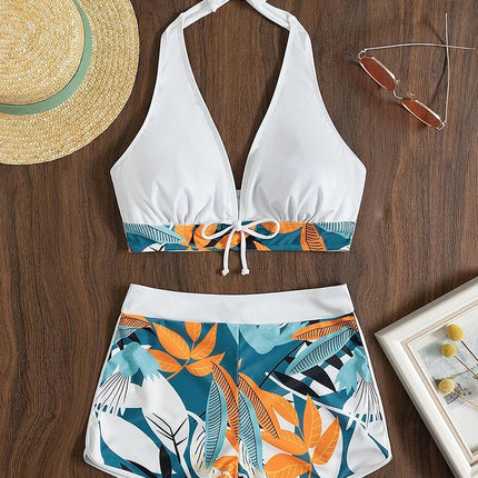 2023 Halter Bikini Set Short Swimsuit Women High Waist Swimwear Female Printed Bathers Swimming Bathing Swim Suit Beachwear