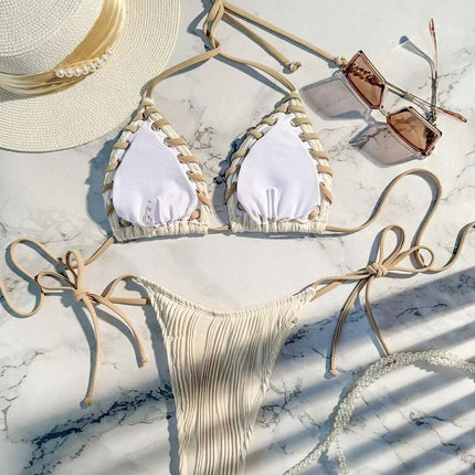 2025 Halter Wrinkled Weave Bikini Women Swimwear Female Swimsuit Two Pieces Bikini Set Brazilian Bathing Suit Swim Beach Wear