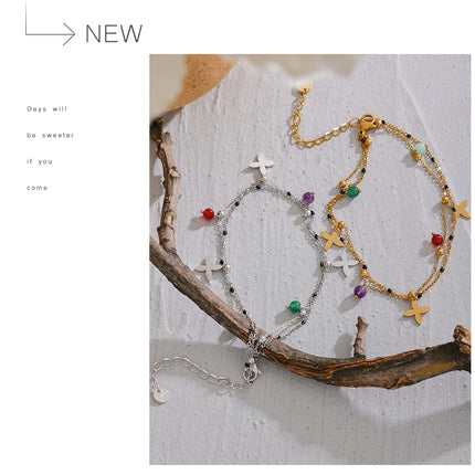 Yhpup Colorful Natural Stone Bead Flower Chain Stainless Steel Beach Anklet for Women Exquisite Summer Jewelry Bijoux Femme