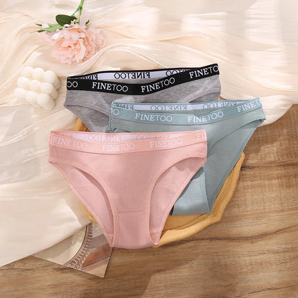 FINETOO 4Pcs Cotton Striped Underwear Women's Panties Letter Belt Briefs Ladies Low Waist Lingerie Solid Breathable Underpants