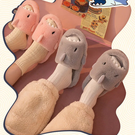 Comwarm Autumn And Winter Cartoon Shark Wool Slippers For Women Soft Home Men's Indoor Household Open Toe Plush Cotton Slippers