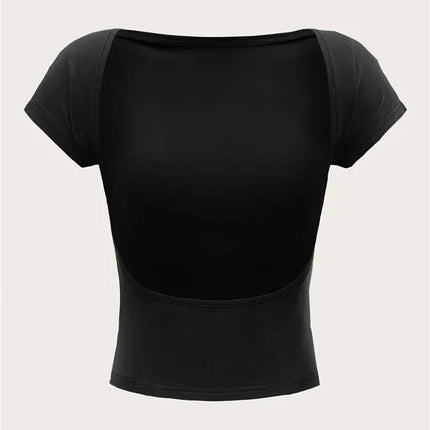 Women's O-neck Backless T-shirt Short Sleeve Solid Color Crop Top Summer Cute Baby Tee Y2K Clothes Bodycon Tunics Fashion Tank
