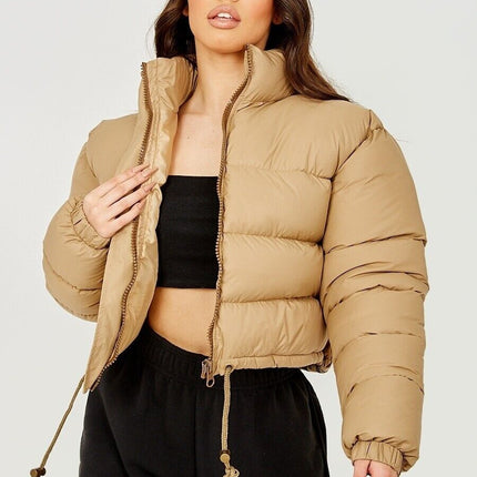 WOMENS LADIES QUILTED WINTER COAT THICK PUFFER PADDED CROP HOODED JACKET PARKA