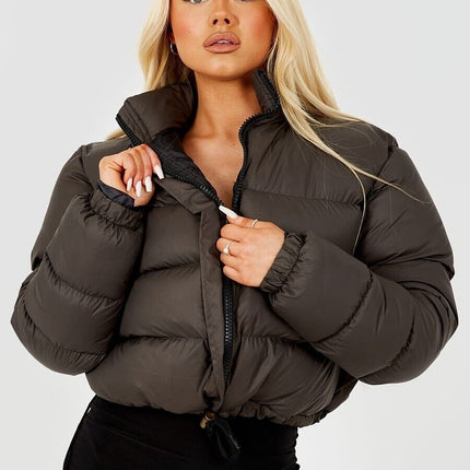 WOMENS LADIES QUILTED WINTER COAT THICK PUFFER PADDED CROP HOODED JACKET PARKA