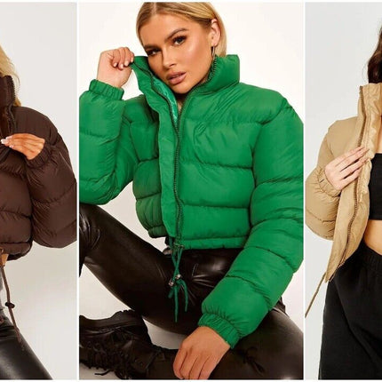 WOMENS LADIES QUILTED WINTER COAT THICK PUFFER PADDED CROP HOODED JACKET PARKA