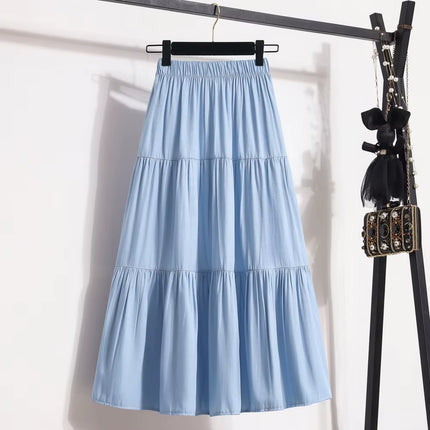 Women'S Patchwork Denim Color Spliced A-Line Skirt Tencel Big Swing Long Thin Skirt