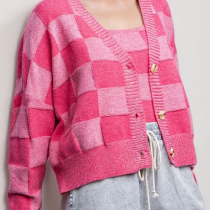 Checkered V-Neck Long Sleeve Cardigan