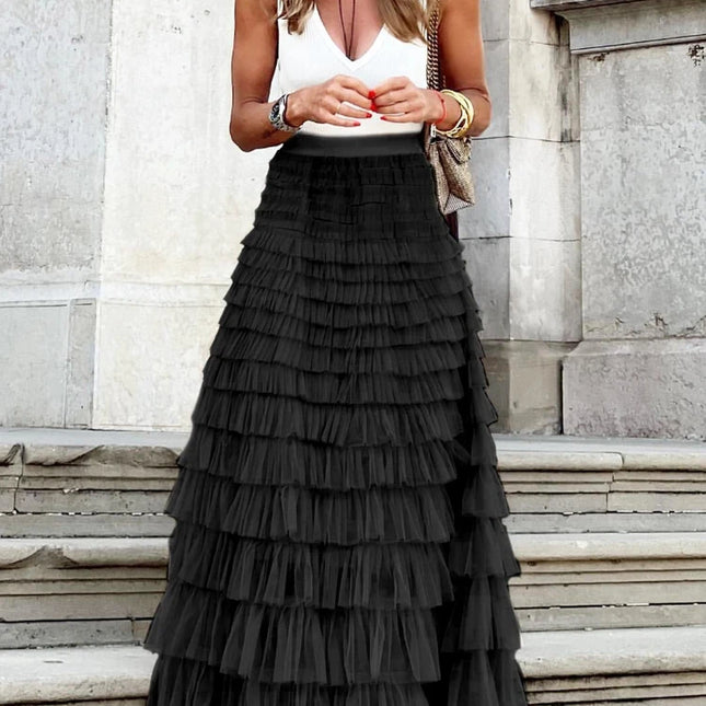 Solid Multilayer Ruffle Mesh Skirt Women Boho High Waist Long Maxi Tulle Skirt Spring Summer Party Women'S Clothing