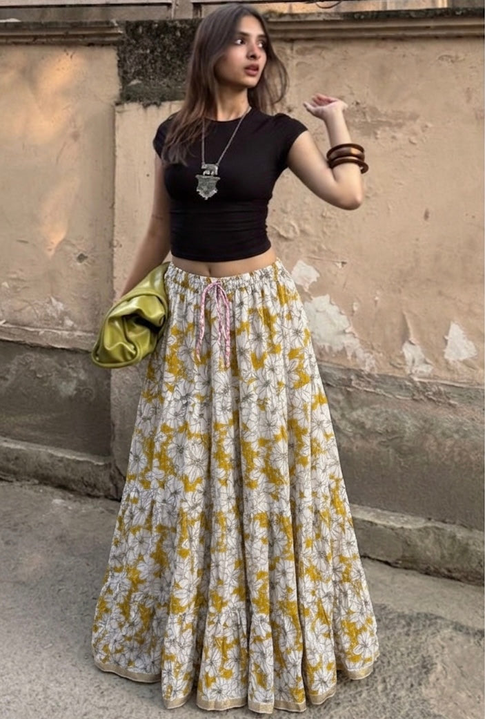 Blackfever Women's Tiered Floral Maxi Skirt - 100% Cotton, Mustang Yellow & White