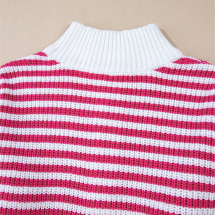 Striped Half Zip Mock Neck Long Sleeve Sweater