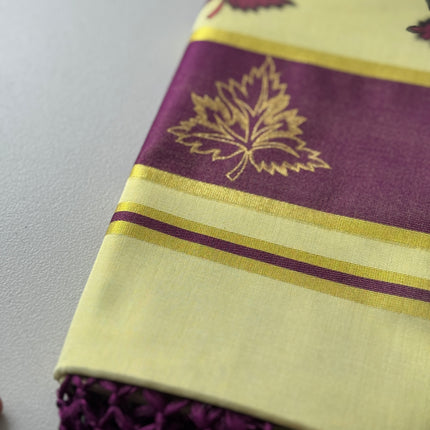 Kerala Kasavu Onam Saree with Maroon & Golden Leaf Motifs, Zari Border and Tassels – Handloom Cotton Silk Saree 6.25 Meters with Blouse Piece S138