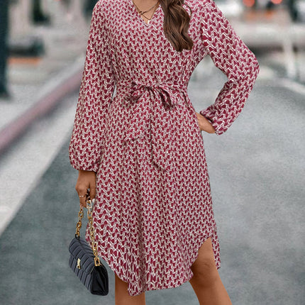 Tied Printed Notched Balloon Sleeve Dress