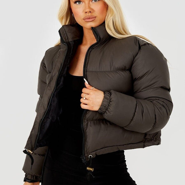 WOMENS LADIES QUILTED WINTER COAT THICK PUFFER PADDED CROP HOODED JACKET PARKA