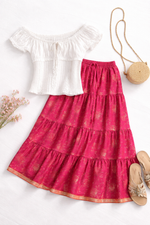 Blackfever Elegant Pink Printed Tiered Skirt – Free Size