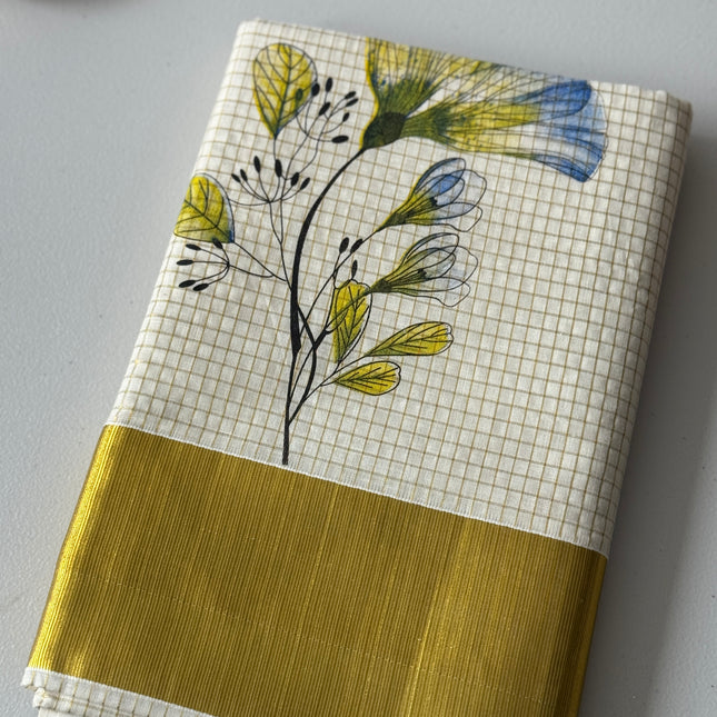Kerala Cotton Saree with Golden Kasavu Border & Floral Print – Onam Special Saree S115