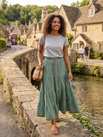 Blackfever Women's Sage Green Maxi Skirt - 100% Cotton with Gold Print