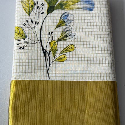 Kerala Cotton Saree with Golden Kasavu Border & Floral Print – Onam Special Saree S115
