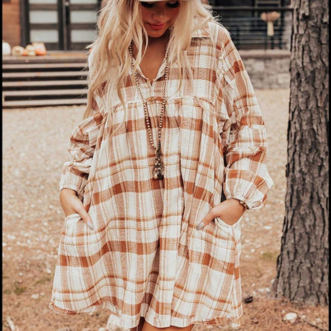 Plaid Collared Neck Long Sleeve Mini Shirt Dress