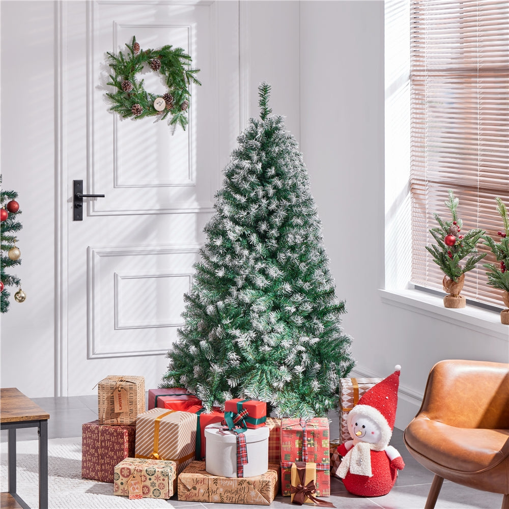 Costoffs Artificial Christmas Tree Snow Dusted Christmas Tree Hinged Lifelike Spruce Holiday Decorative Tree with Foldable Stand and PVC Tips