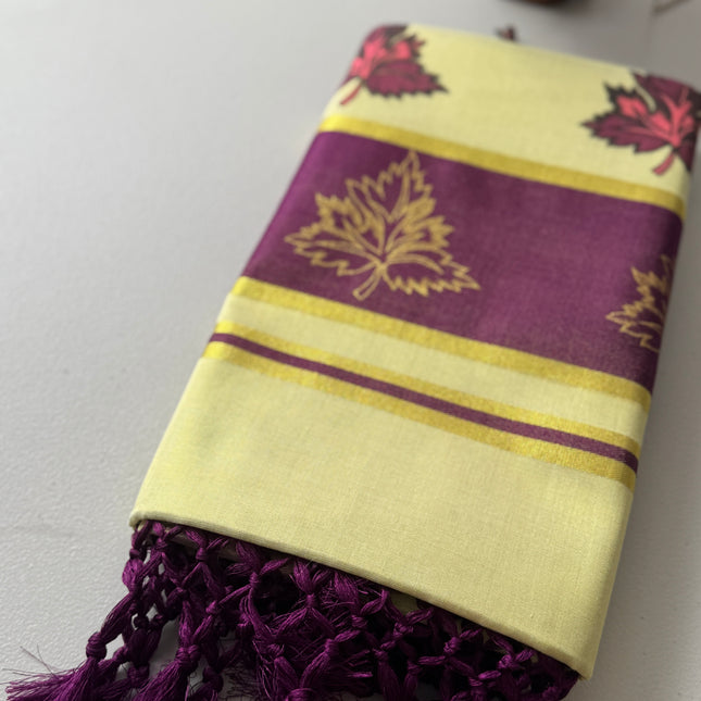 Kerala Kasavu Onam Saree with Maroon & Golden Leaf Motifs, Zari Border and Tassels – Handloom Cotton Silk Saree 6.25 Meters with Blouse Piece S138