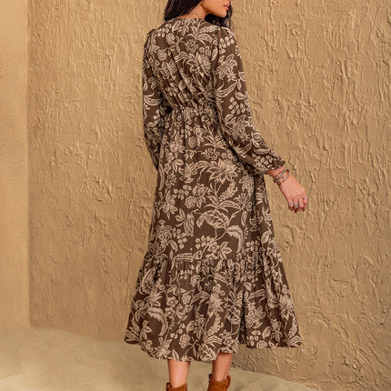 Ruched Printed V-Neck Long Sleeve Midi Dress