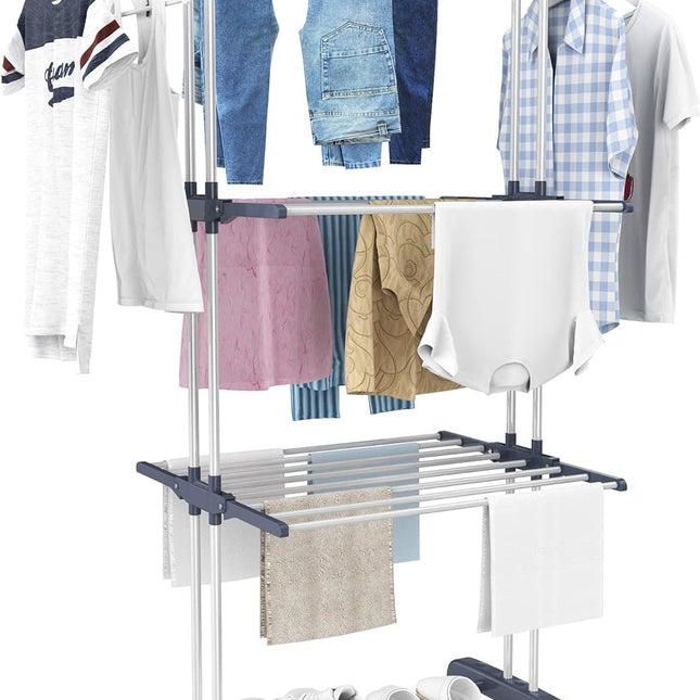 Airer Clothes Drying Rack,4-Tier Foldable Clothes Hanger Adjustable Large Stainless Steel Garment Laundry Racks for Indoor Outdoor