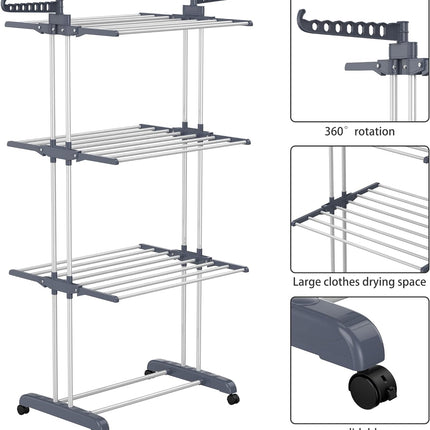 Airer Clothes Drying Rack,4-Tier Foldable Clothes Hanger Adjustable Large Stainless Steel Garment Laundry Racks for Indoor Outdoor