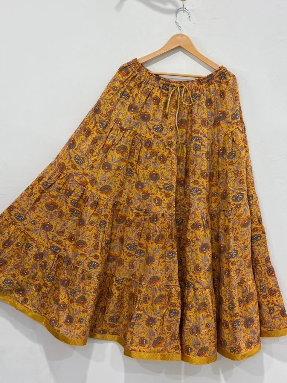 Blackfever Mustard Yellow Floral Tiered Cotton Skirt- Free Size