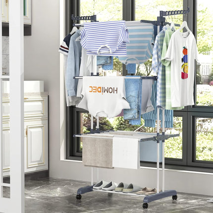 Airer Clothes Drying Rack,4-Tier Foldable Clothes Hanger Adjustable Large Stainless Steel Garment Laundry Racks for Indoor Outdoor