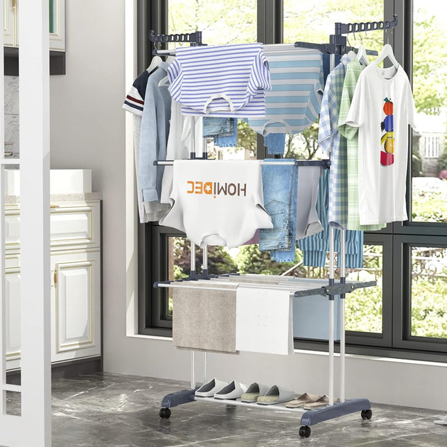 Airer Clothes Drying Rack,4-Tier Foldable Clothes Hanger Adjustable Large Stainless Steel Garment Laundry Racks for Indoor Outdoor