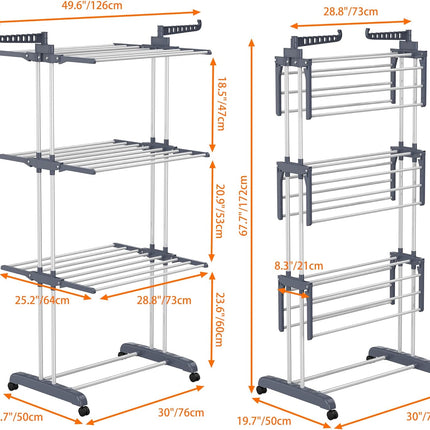 Airer Clothes Drying Rack,4-Tier Foldable Clothes Hanger Adjustable Large Stainless Steel Garment Laundry Racks for Indoor Outdoor
