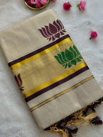 Premium Kerala Kasavu Saree – Off-White with Dual Lotus Motifs & Gold Border