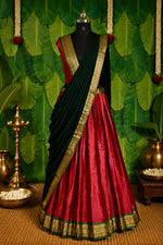 Kerala Half Saree Set for Women | Green & Red Traditional South Indian Half Saree | Ready to Wear Skirt Dupatta | Unstitched Blouse Piece