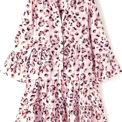 Leopard Notched Long Sleeve Tiered Dress