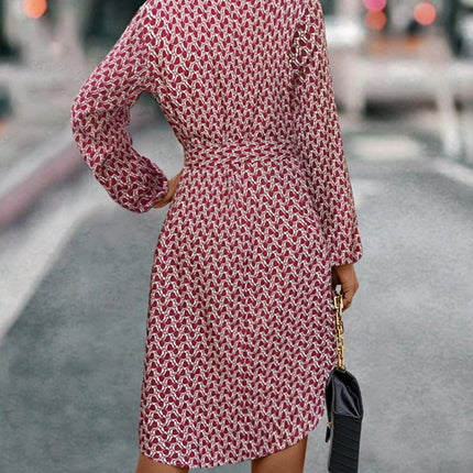 Tied Printed Notched Balloon Sleeve Dress