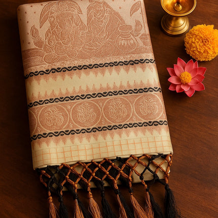 Traditional Kerala Kasavu Onam Saree Motif & Border – Festive Wear with Tassels S103
