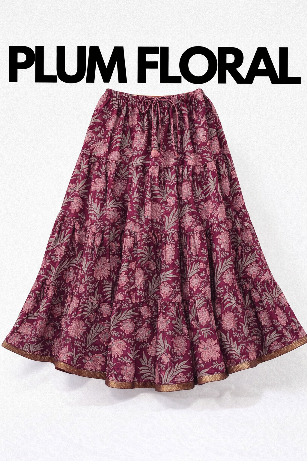 Blackfever Plum Floral Tiered Maxi Skirt with Gold Zari Border