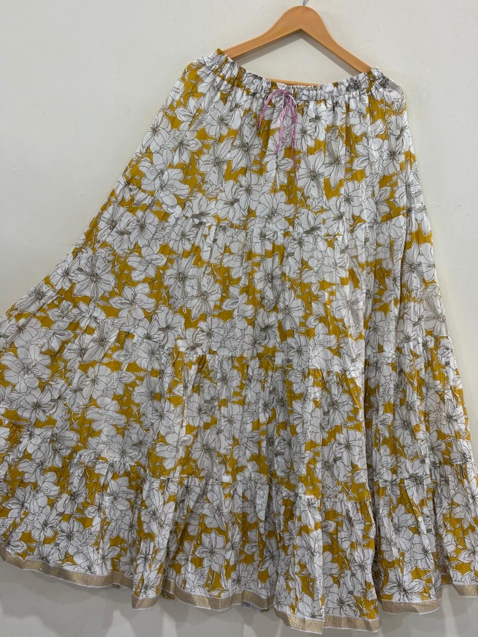 Blackfever Women's Tiered Floral Maxi Skirt - 100% Cotton, Mustang Yellow & White