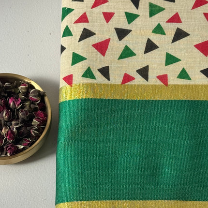 Traditional Kerala Cotton Onam Saree with Geometric Print & Green Kasavu Border S109