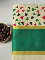 Traditional Kerala Cotton Onam Saree with Geometric Print & Green Kasavu Border S109