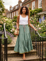 Blackfever Women's Sage Green Maxi Skirt - 100% Cotton with Gold Print