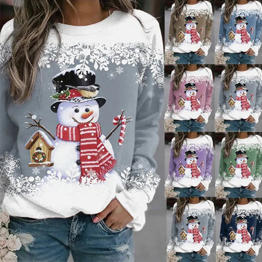 Women Christmas Sweatshirts Winter Snowman Snowflake Print Long Sleeve Y2k Hoodie Streetwear Pullovers Tops Comfortable Clothing