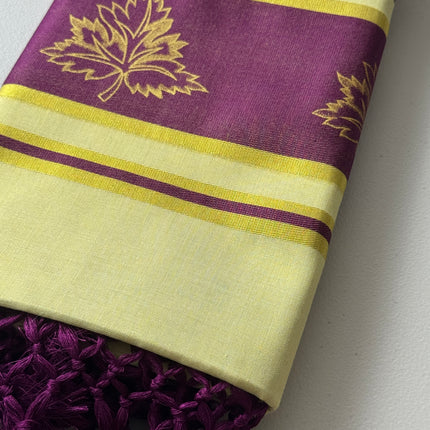 Kerala Kasavu Onam Saree with Maroon & Golden Leaf Motifs, Zari Border and Tassels – Handloom Cotton Silk Saree 6.25 Meters with Blouse Piece S138