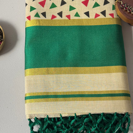 Traditional Kerala Cotton Onam Saree with Geometric Print & Green Kasavu Border S109