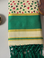 Traditional Kerala Cotton Onam Saree with Geometric Print & Green Kasavu Border S109