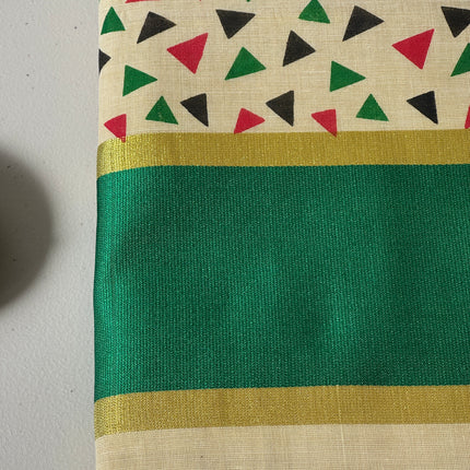Traditional Kerala Cotton Onam Saree with Geometric Print & Green Kasavu Border S109