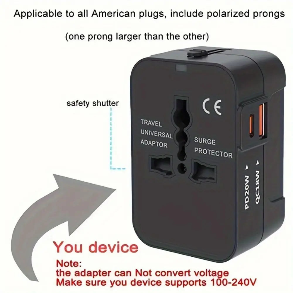 Universal Travel Adapter International All in One PD20W & QC18W Power Plug Wall Charger USB C Charging Ports for USA EU UK AU