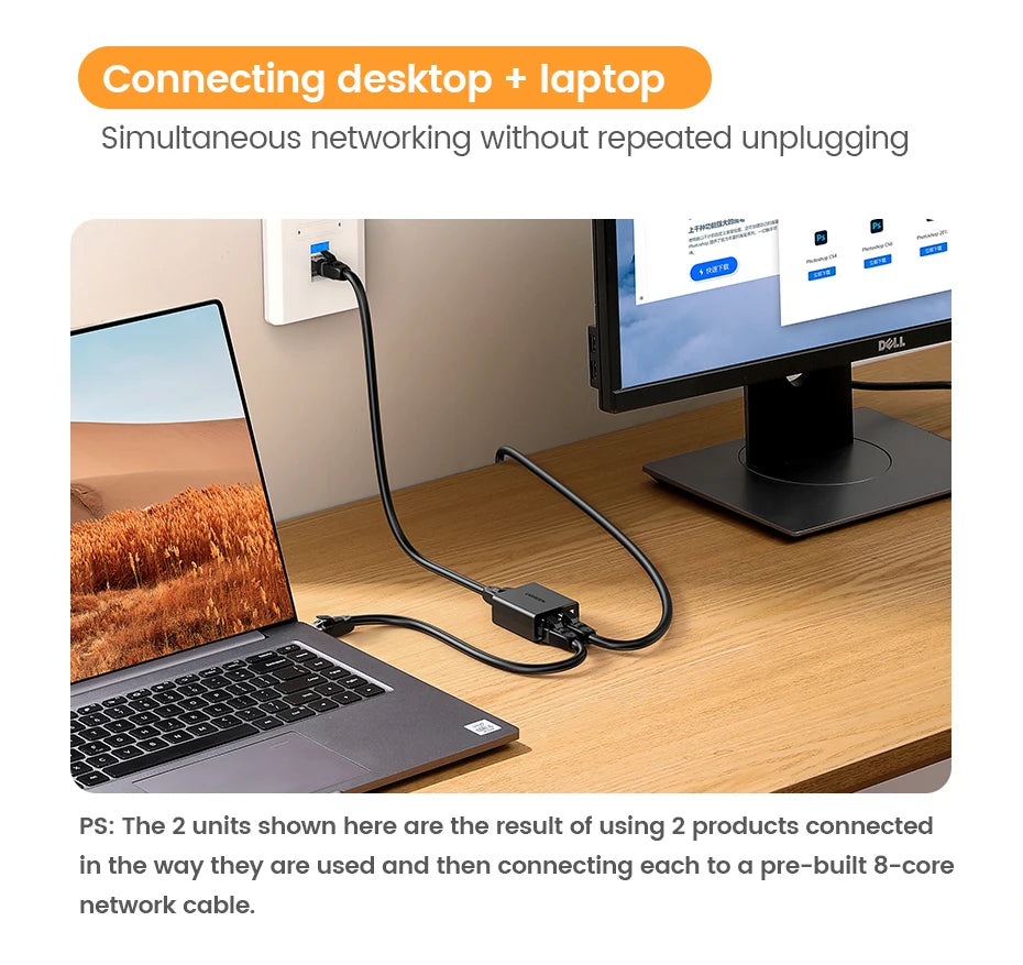 UGREEN RJ45 Splitter 1 to 2 Ethernet Adapter Internet Network Cable Extender RJ45 Connector Coupler for PC Laptop TV Box Router